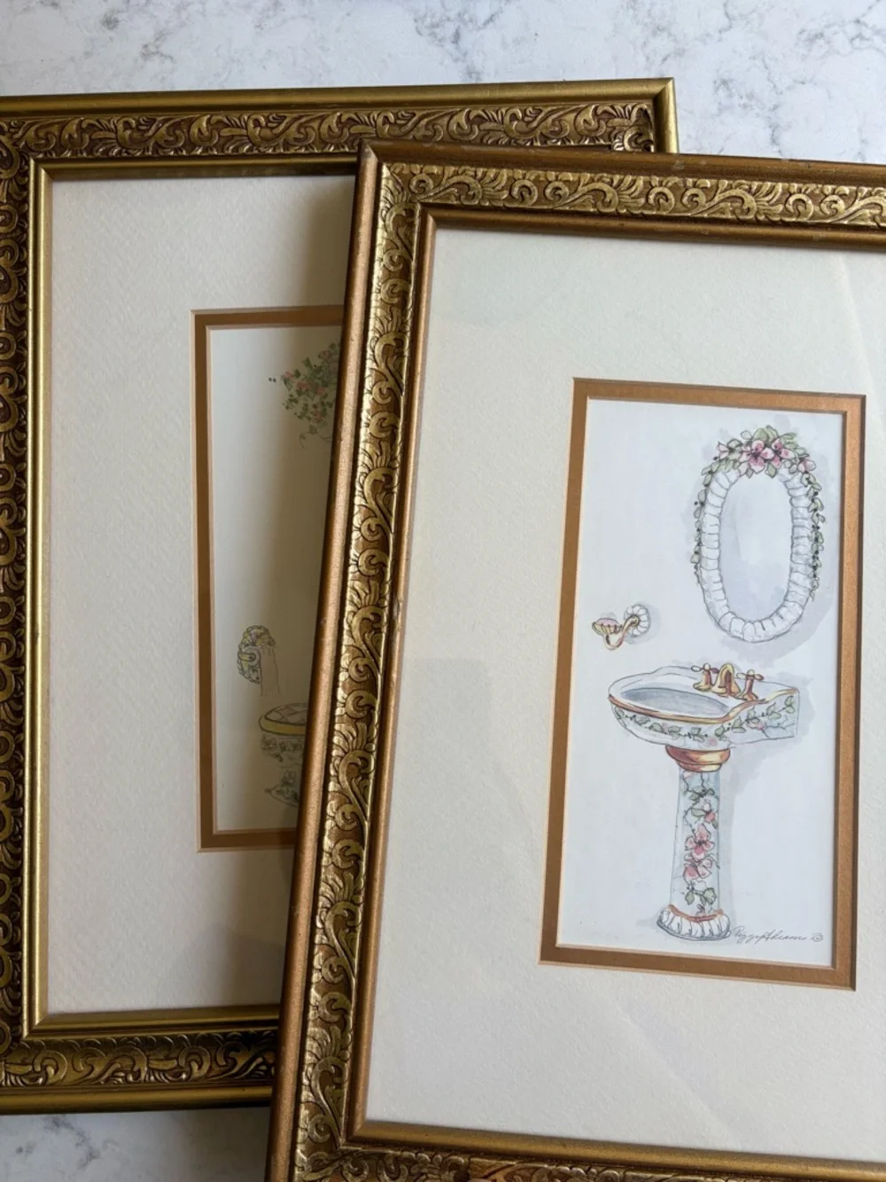 Vintage Pair of Gold Ornate Framed Bathroom Prints